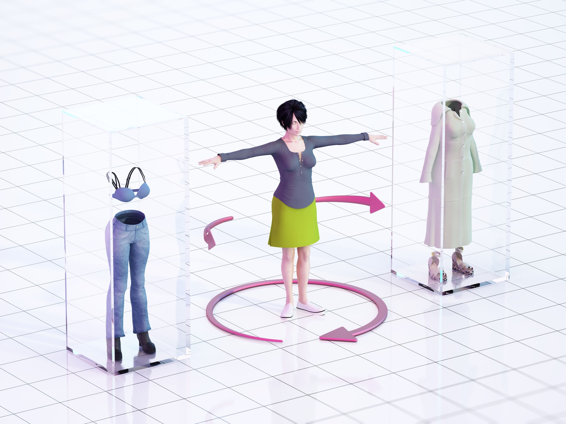 3D generic mutahuman character changing clothes. Metaverse character creation or online shopping concept.